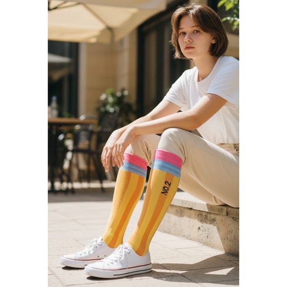 Novelty Pencil Knee High Socks Women Yellow Blue Pink No 2 Fun School - Picture 3 of 3